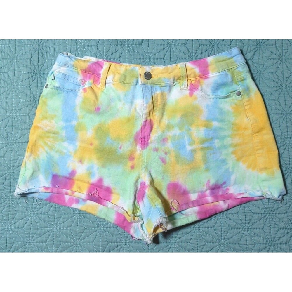 Judy Blue Women's Pastel Tie Dye Shorts Sz Large Raw Edge Mid-rise Stretch Denim - Picture 1 of 8